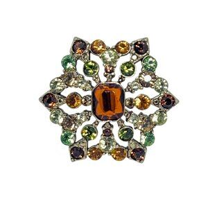Liz Claiborne Gold Tone Hexagon Brooch With Autumn Colored Rhinestones (5849)